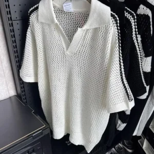 Vintage Hollow Out Knitted Polo Shirt Mens Fashion Striped Short Sleeve Lapel Mesh Tops Men 2025 Summer Casual Knitting Jumper