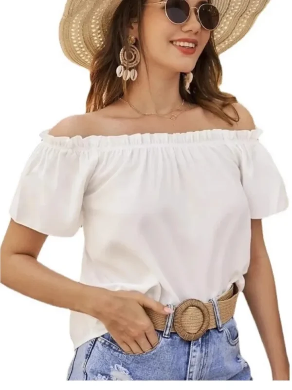Elegant Solid Shirt Women Fashion Sexy Off Shoulder Short Sleeve Ruffles Top Shirts Lady Casual Office Holiday Tops Shirt Summer - Imagen 6