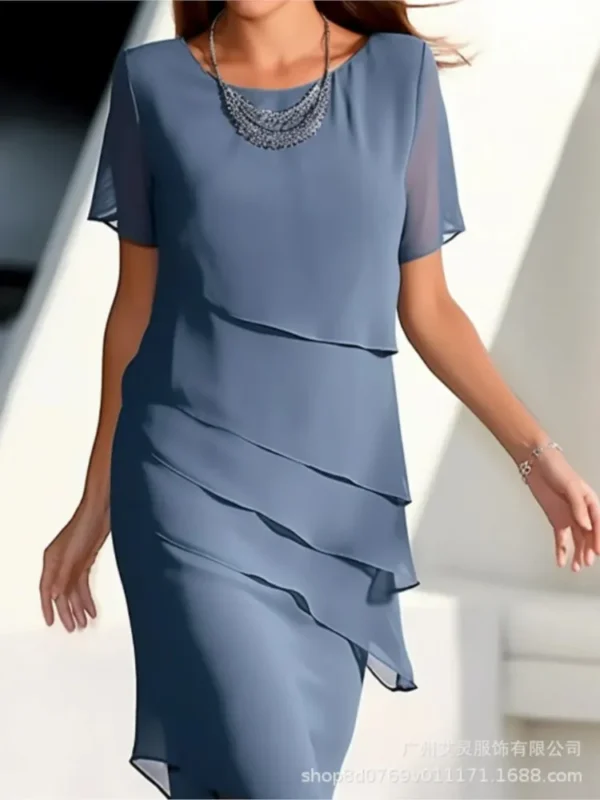 2025 Summer Women's New Solid Color Midi Dress Fashionable Flash Ruffle Edge Round Neck Short Sleeved Casual Comfortable Dress