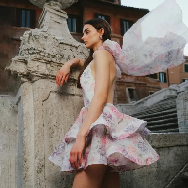 Elegant Floral Short Dress Summer Holiday Outfits Women Layered Party Dresses Sexy Halter Bow Lace-up Ruffled Hem Puffy Dress - Imagen 5