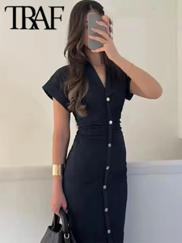 TRAF Pleated Single Breasted Denim Dress Women Fashion Short Sleeve Elegant Dresses 2025 Lady Chic Commute Casual Midi Dress ﻿ - Imagen 2
