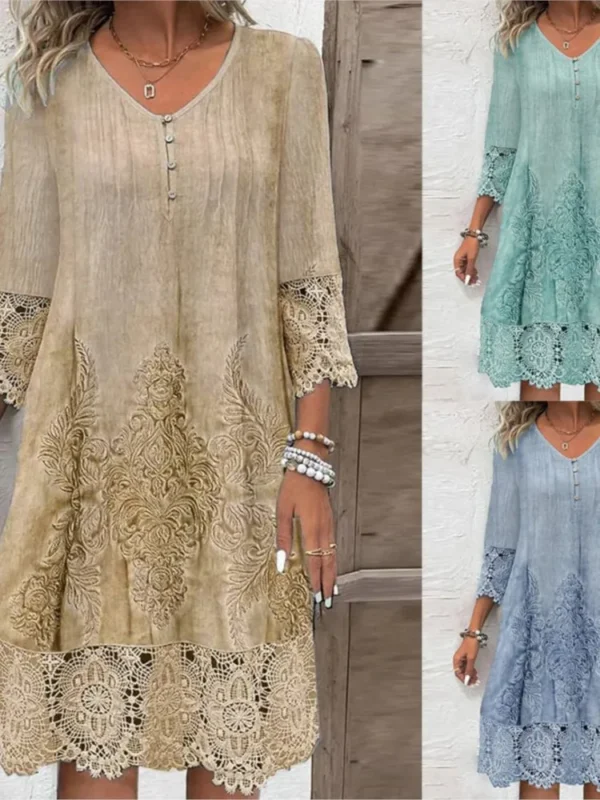 2024 New Women's Spring Summer Solid Color Sexy Hollow Fashion Lace Lace Printed Casual Five Sleeve Knee Length Dress - Imagen 4