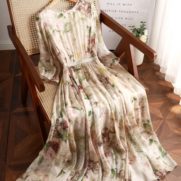 Silk Print Dresses for Women, Satin Short Sleeves, Loose Summer Casual Floral Empire Dress, Ladies O-Neck Clothing, Ne - Imagen 3