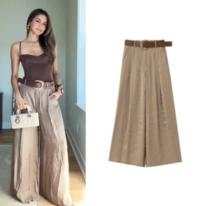 HipSeam Women Satin Trousers With Belt Spring Summer Simple Women's Pants Versatile Female Loose Pants Pocket Wide Leg Pants