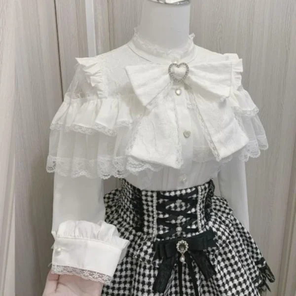 Japanese Kawaii Lolita Lace Patchwork Blouses Summer Women Harajuku Single Breasted Sweet Shirts Summer Girly JK Bow Tops Blusas - Imagen 3