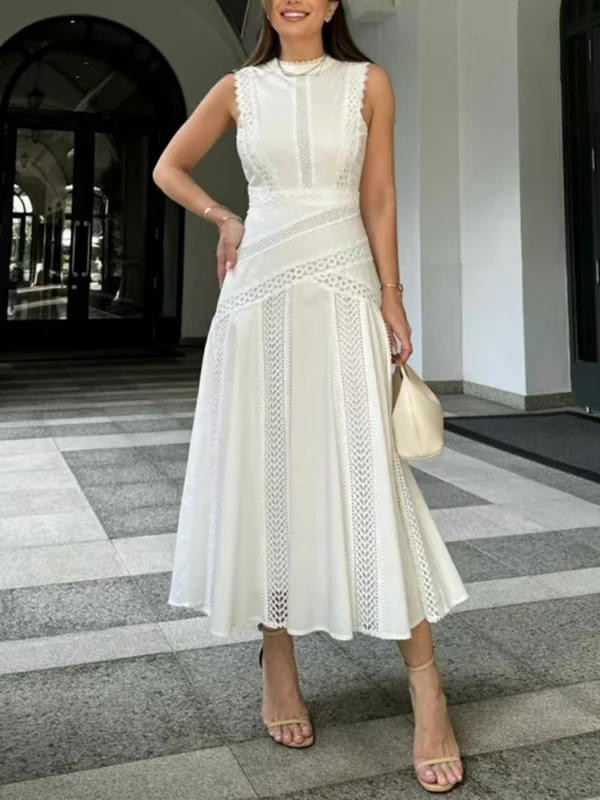 VGH Solid Embroidery Elegant Long Dresses For Women Stand Collar Sleeveless High Waist Hollow Out A Line Dress Female New 2024 - Imagen 5