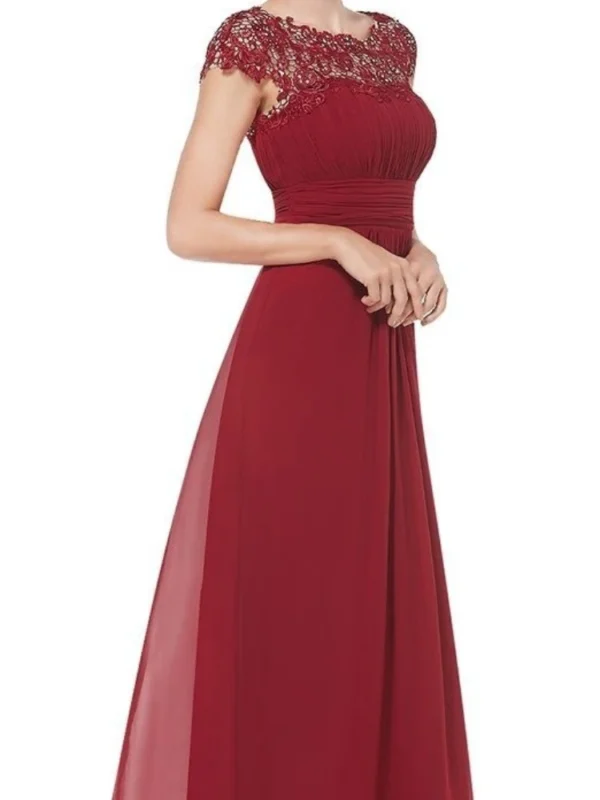 Perspective Lace Open Back Chiffon Ruched Long Solid Color Evening Bridesmaid Dress - Imagen 3