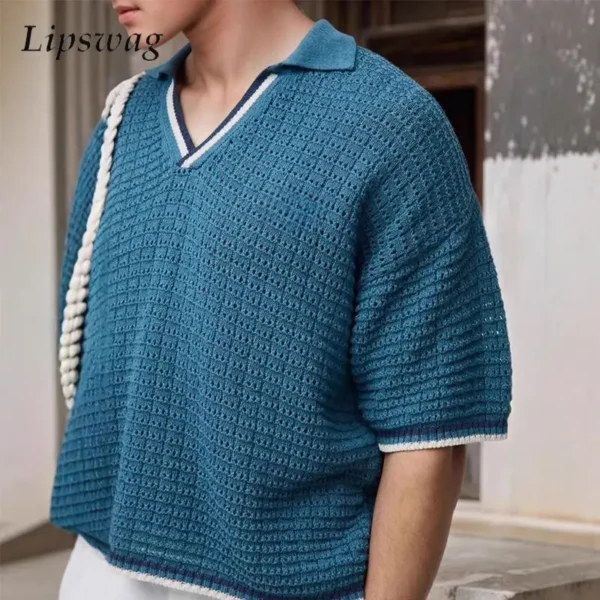 New Casual Contrast Color Mens Knit Polo Shirt 2025 Summer Trendy Short Sleeve Knitting Tops For Men Clothes Fashion Jumper Polo