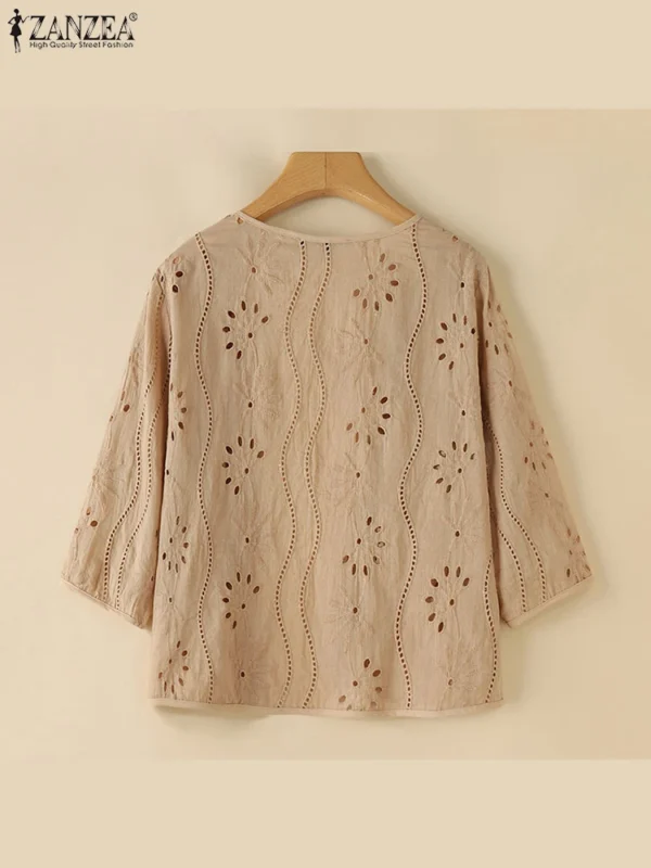 ZANZEA Women Fashion Hollow Out Embroidered Cardigan Shirts Summer 2024 Elegant 3/4 Sleeve Kimonos Casual Holiday Cover-up Tops - Imagen 5