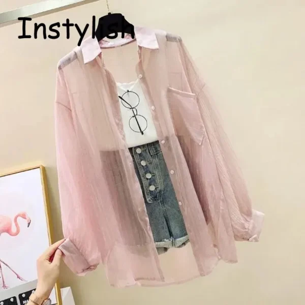 Women Elegant Long Sleeve Perspective Sheer Sunscreen Chiffon Blouse Korean Fashion Loose Shirt Women Summer Beach Cardigans - Imagen 3