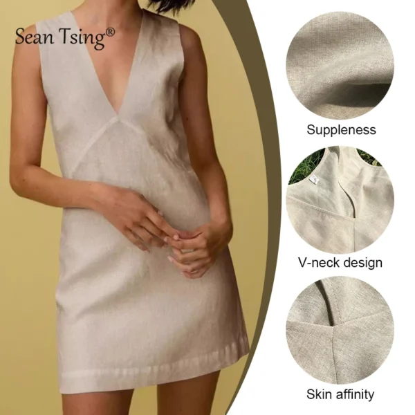 2025 Linen Summer Women Dresses Sexy V-Neck Sleeveless Basic Tank Dress Elegant Party Dresses Chic Boho Red Sundress - Imagen 5