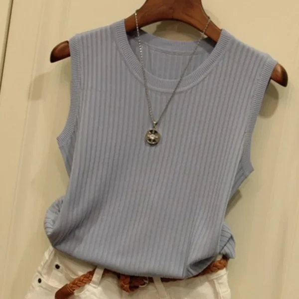 2025 Summer New Fashion Knitted Vests O-neck Sleeveless Casual Thin Tops Sleeveless Blouse Women Shirt - Imagen 3