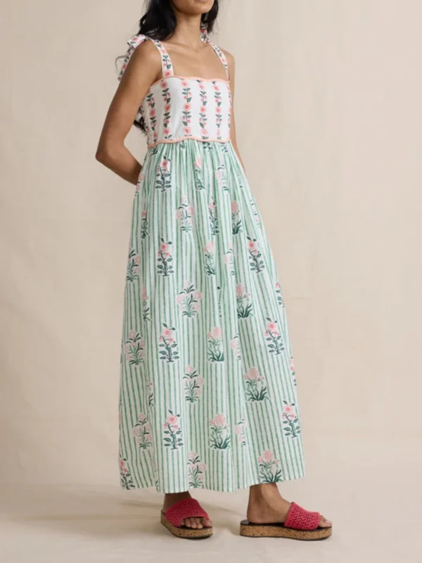 Women Y2k Boho Maxi Dress Floral Tie Shoulder Spaghetti Strap Long Dress Summer Backless Beach Flowy Dress ﻿Streetwear