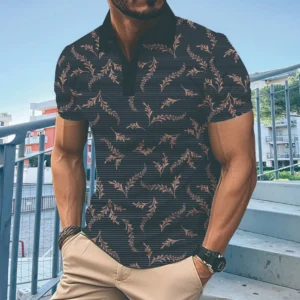 The New Business Casual Top For Men In summer 2025 features a striped feather digital print lapel loose short-sleeved POLO shirt