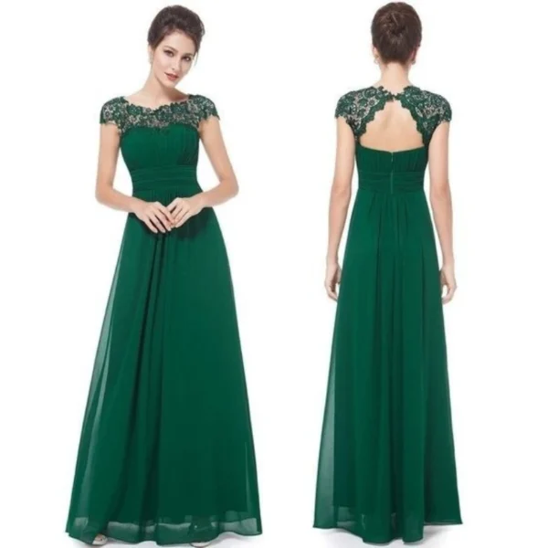 Perspective Lace Open Back Chiffon Ruched Long Solid Color Evening Bridesmaid Dress - Imagen 6