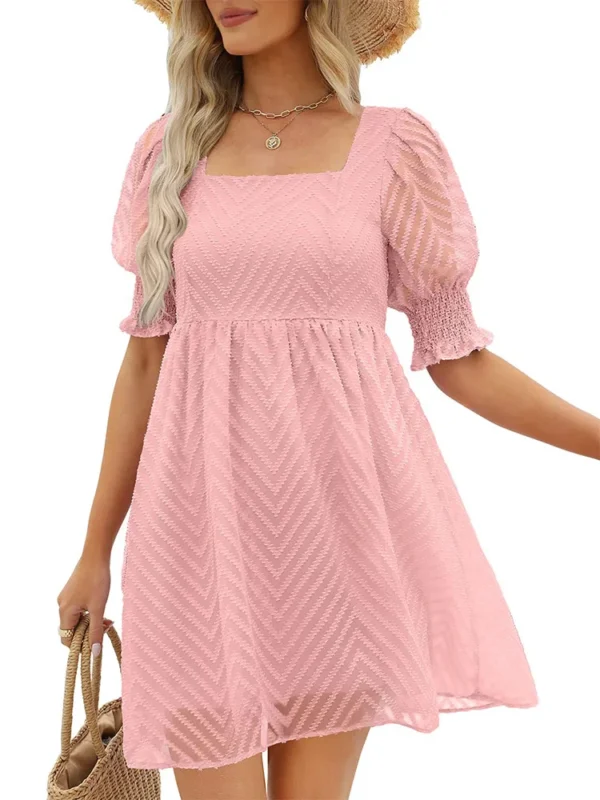 Women's Summer Dress 2023 Casual Flowy Beach Square Neck Lantern Short Sleeve Pleated A Line Dress Tie Mini Dress - Imagen 2