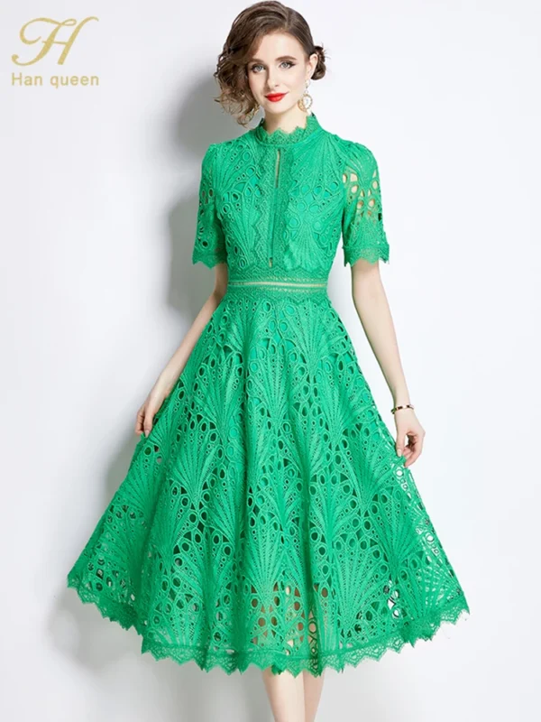 H Han Queen Spring New Elegant Casual Work Party Dresses Floral Crochet Hollow Out Lace Patchwork Casual Office Midi Dress