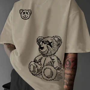 Summer men's 100% pure cotton casual sports loose and fashionable cartoon bear pattern printed round neck short sleeved T-shirt