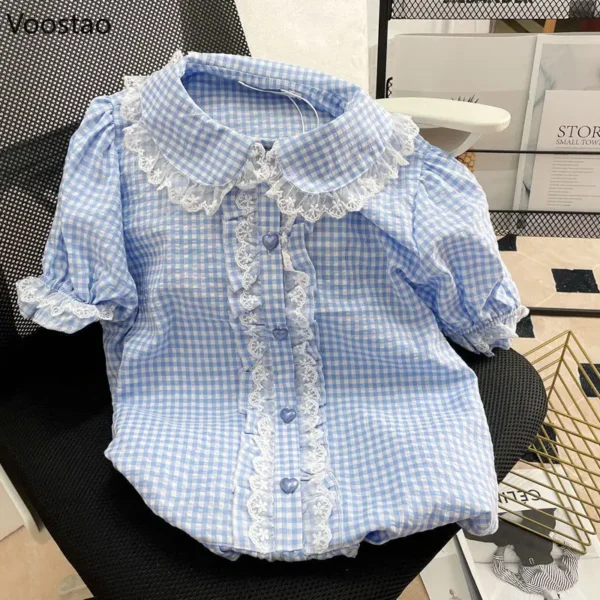 Japanese Lolita Style Lace Plaid Blouses Summer Women Kawaii Peter Pan Collar JK Shirt Cute Girls Sweet Puff Sleeve Blusas Mujer - Imagen 2