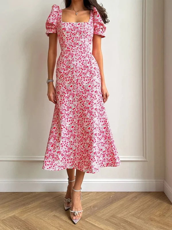 New Fashion Womens Summer Midi Dress Casual Short Puff Sleeve Floral Print A-Line Dress Elegant Flowy Dress Hot Sale S M L - Imagen 3