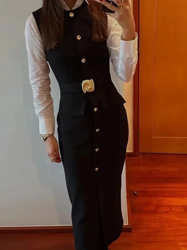 TRAFZA Women Casual Solid Belt Midi Dress O Neck Single Breasted Sleeveless Dresses Front Slit Slim Lady Elegant Evening Dress - Imagen 6