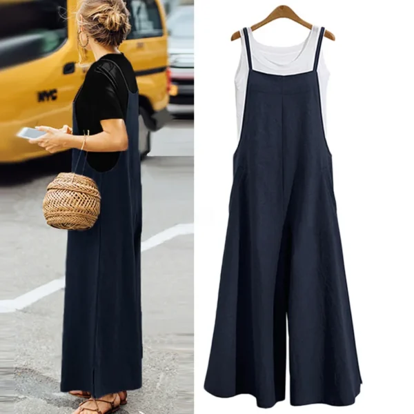 Women Straps Jumpsuit Summer Solid Color Wide Leg Pants Dungaree Bib Overalls Casual Loose Sleeveless Cotton Linen Jumpsuits 5Xl - Imagen 3