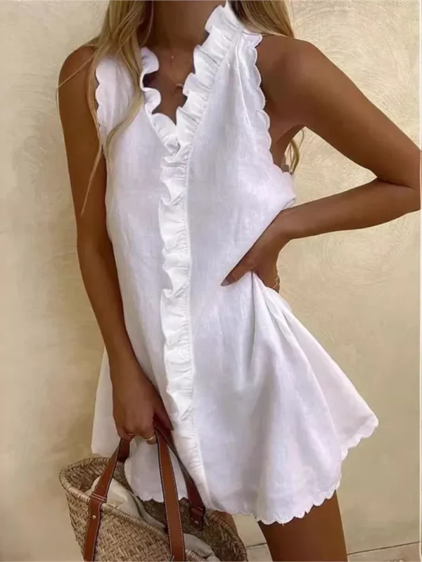 New Women Casual Cotton And Linen White Dress Summer V Neck Ruffles Sleeveless Elegant Boho Beach Party Mini Dresses Female Robe - Imagen 3