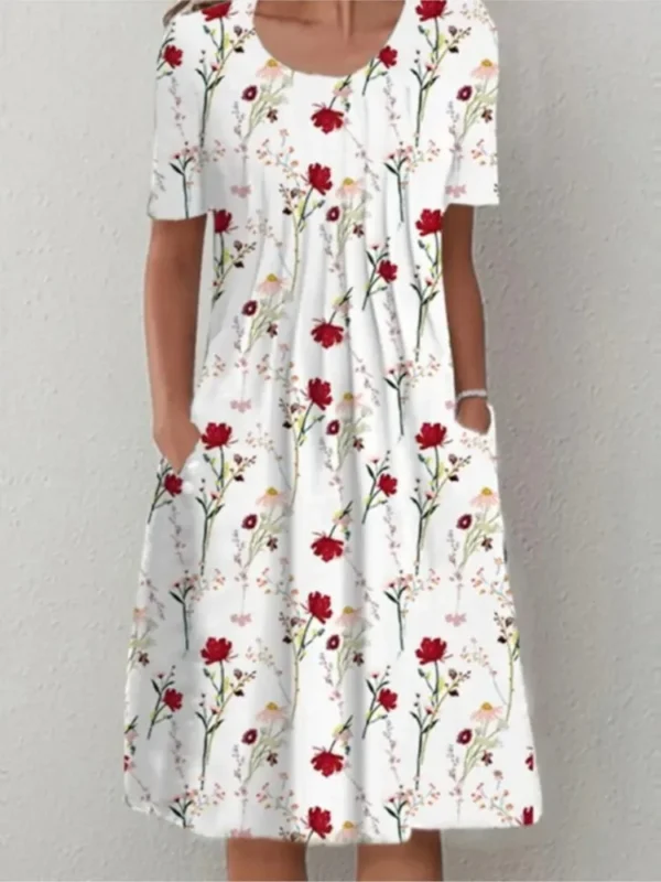 Summer Fashion Boho Floral Print Pocket Midi Dress For Women O Neck Short Sleeve Casual Loose Dress Female Women's Clothing - Imagen 3