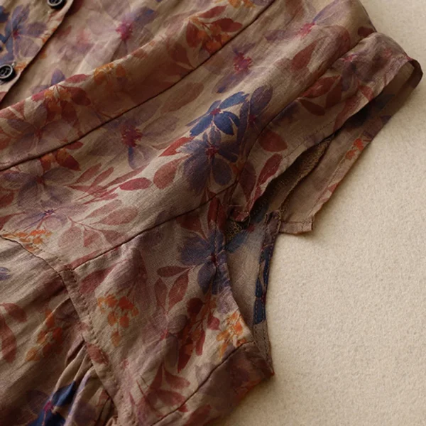 Sleeveless Vest Floral Printing Vintage Linen O-Neck Single Breasted Women's Blouse Shirt Female Clothing Tops 2024 Spring - Imagen 3