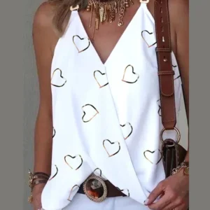 Elegant V-Neck Blouse for Women, Sexy Sleeveless Chain Print, Lady Casual Tops, White, Summer, 2024
