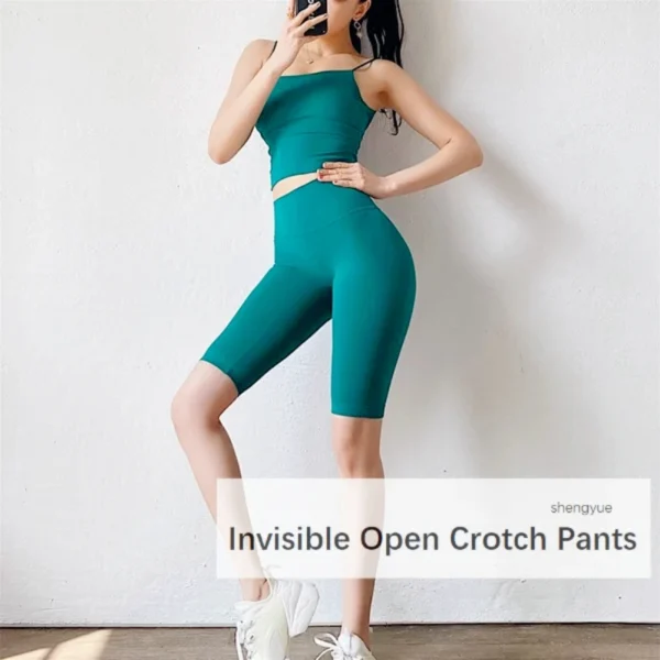 High Quality Open Crotch Summer Double-sided Brushed Fitness Women's Five Quarter Pants High Waist Peach Hip Tight Yoga Shorts - Imagen 5