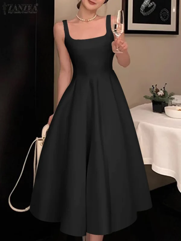 ZANZEA Women Sleeveless Tank Dress Vintage Solid A-line Dresses 2024 Summer Holiday Waisted Robe Casual Square Collar Midi Robe - Imagen 3