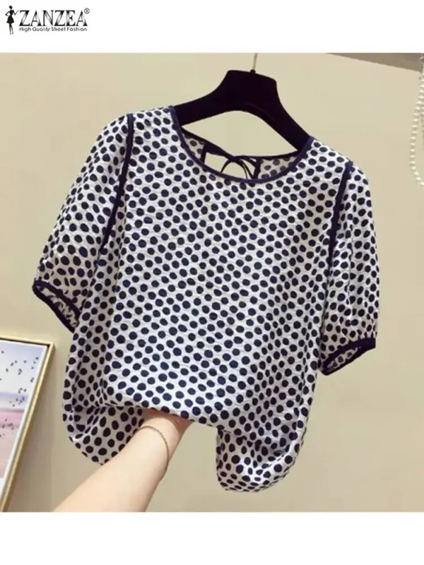 ZANZEA Casual Loose Women Blusas Mujer 2024 Summer Stylish Tied Back O Neck Puff Sleeve Tunic Tops Polka Dot Elegant Blouses - Imagen 3
