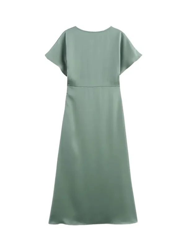 TRAFZA Women Elegant Solid Satin Dress Sexy V Neck Short Sleeve Midi Dress 2025 New Fashion Summer Lady Holidays Party Dress - Imagen 5