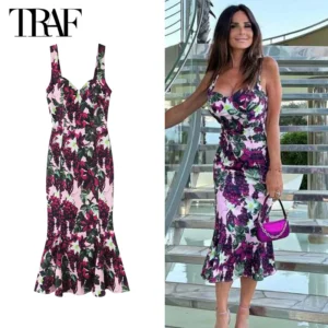 TRAF Print Corset Midi Dress Women Backless Slip Dresses for Women Holiday Summer Dress Woman 2025 Sexy Beach Women's Dresses