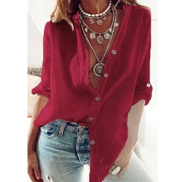 Summer Women's Cotton Linen Shirt Fashion Solid Color Casual Loose Button V-Neck Long Sleeve Top Commuter Wear - Imagen 4