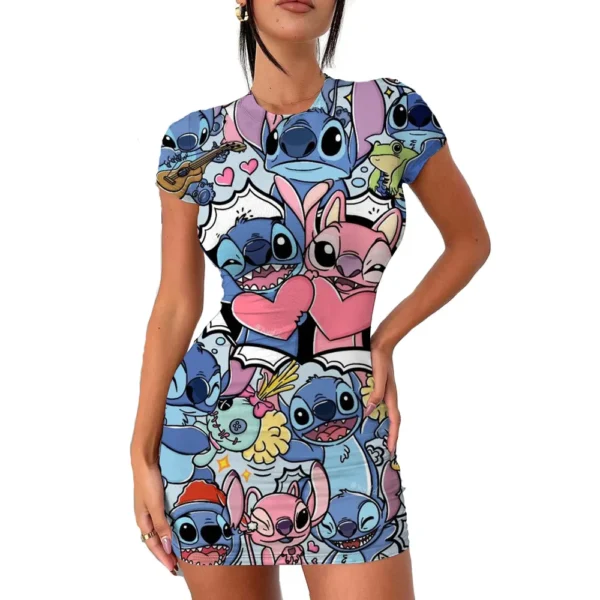 2022 Disney Stitch 3D Cartoon Print Tight Dress Short Sleeve Women's Tight Mini Dress Hip Print Kawaii beach party Women's Dress - Imagen 5