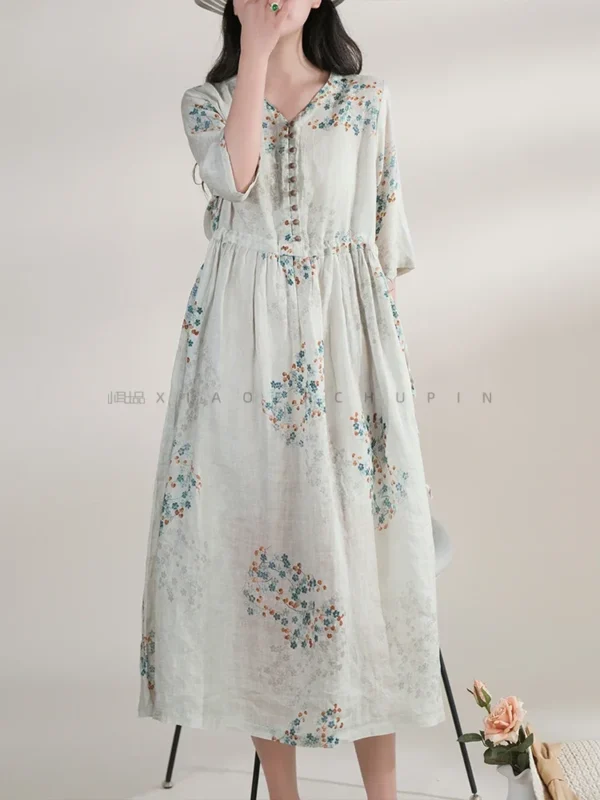 Summer Dress Women 2025 Long Print Elegant Clothing Vintage Elastic Waist Korean Beach Style V-Neck Fashion Robe Ropa De Mujer - Imagen 6