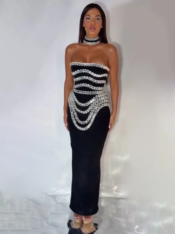 VC Black Strapless Long Dress Diamonds Embellished Bodycon Bandage Prom Celebrity Party Evening Gowns Dropshipping - Imagen 2