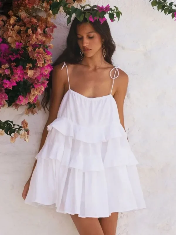 Wolfeel Sexy Loose White 100% Cotton Women's Dress Summer Strap Sleeveless Mini Dresses Classic Ruffle Female Beach Dress