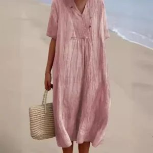 V-neck Short Sleeve Dress Solid Cotton Linen Denim Dress for Women Spring /summer Loose Korean Style Big Size Summer Dresses
