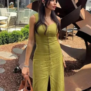2025 Summer Elegant Dress Women Fashion Solid Square Collar Sleeveless Single Breasted Dress Ladies Vacation Green Spilt Dresses