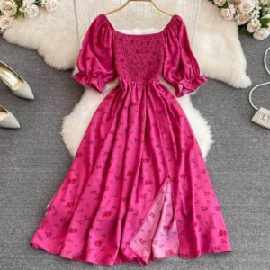 2024 Fashion New Summer Flower Print Long Dress Women Vintage Square Neck Ruched Chest Split Sundress Party Vestidos