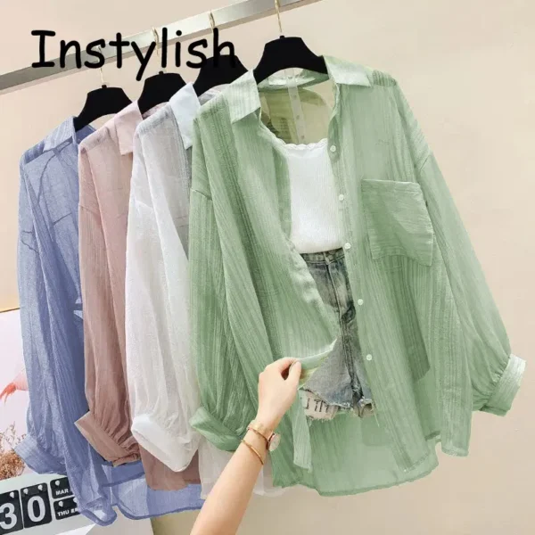 Women Elegant Long Sleeve Perspective Sheer Sunscreen Chiffon Blouse Korean Fashion Loose Shirt Women Summer Beach Cardigans - Imagen 6