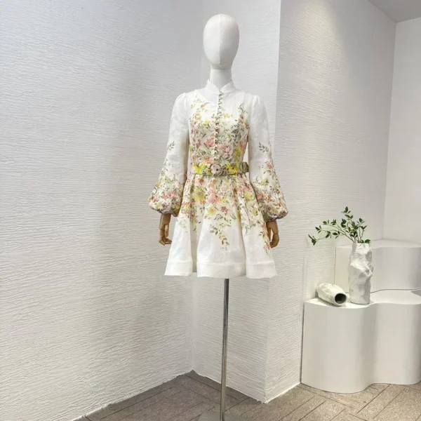 White Re-tro Floral Print 2024 New Spring Summer Elegant Collection Long Lantern Sleeve Belted High Quality Linen Mini Dresses