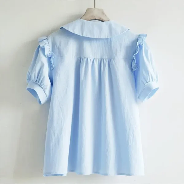 Blue Peter Pan Collar Single Breasted Short Sleeve Loose Women's Blouse Shirt Korean Fashion Female Clothing Tops 2024 Spring - Imagen 2