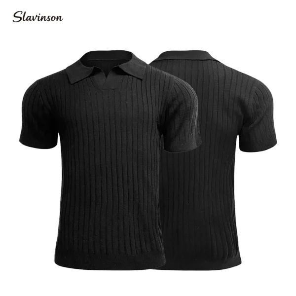 Slavinson Men's Short Sleeve Summer Retro Knit Lapel Striped Top Solid Color Soft Breathable Light Polo Knitwear Men US Size - Imagen 2