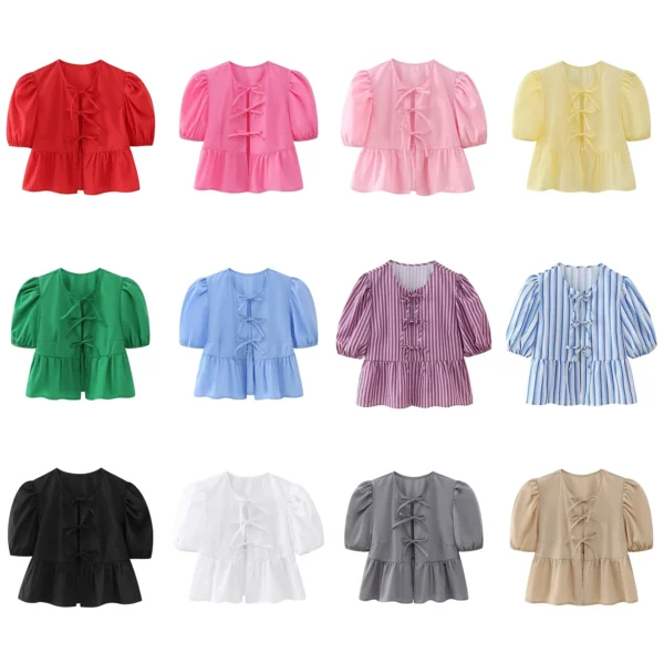 Combhasaki Women's Elegant Kawaii Summer Peplum Blouse Tops Short Puff Sleeve Round Neck Bow Tie-Up Front Babydoll Flare Shirts - Imagen 3