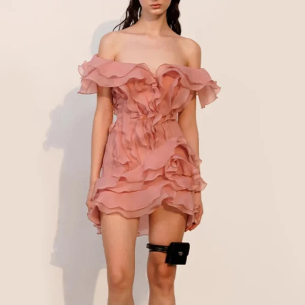 VGH Sexy Short Dress For Women Slash Neck Off The Shoulder Sleeve Backless High Waist Spliced Ruffles Dresses Female Fashion New - Imagen 2