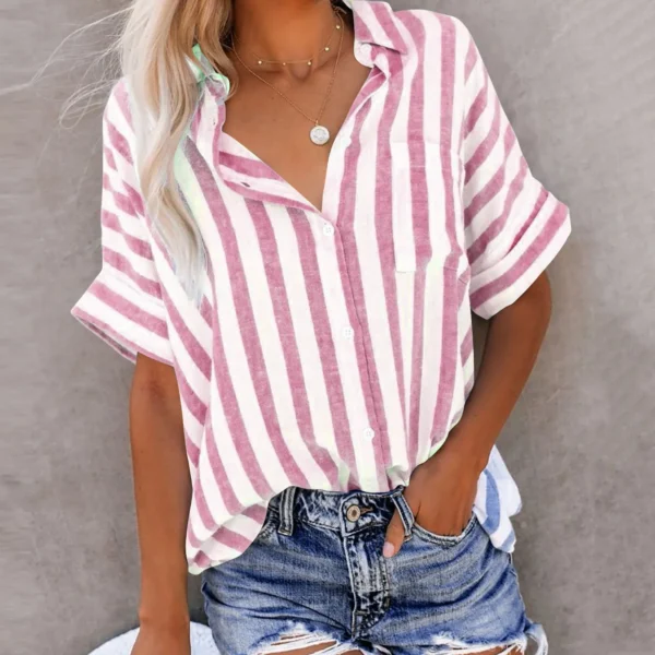 Womens Short Sleeve Shirts Fashion Striped Tops Lapel V Neck Button Down Shirts Dressy Casual Blouses Femme Sweet Lady Shirts - Imagen 2